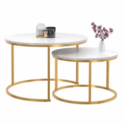 IDMarket Lot de 2 tables basses gigognes rondes effet marbre et doré* Collection Design|Salon Complet