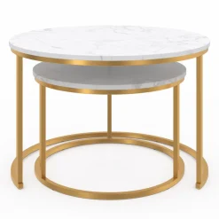 IDMarket Lot de 2 tables basses gigognes rondes effet marbre et doré* Collection Design|Salon Complet
