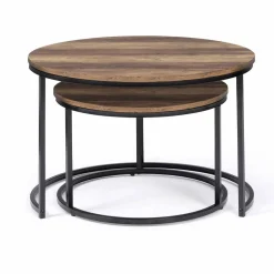 IDMarket Lot de 2 tables basses gigognes rondes bois foncé et métal* Collection Industrielle|Salon Complet
