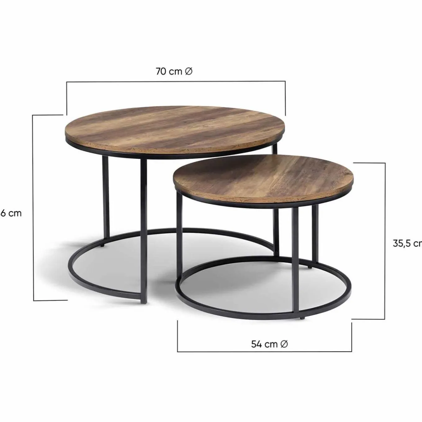 IDMarket Lot de 2 tables basses gigognes rondes bois foncé et métal* Collection Industrielle|Salon Complet