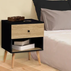 IDMarket Lot de 2 tables de chevet scandinaves bois et noir 1 tiroir* Meubles Tiroirs|Meubles Bas