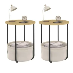 IDMarket Lot de 2 tables de chevet, d'appoint, bout de canapé rondes avec panier en tissu* Meubles En Bois|Chambre Complète Adulte