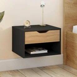 IDMarket Lot de 2 tables de chevet suspendues 1 tiroir avec niche en bois façon hêtre et noir* Collection Design|Collection Moderne