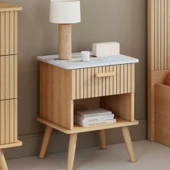 IDMarket Lot de 2 tables de chevet JULIETTE plateau effet marbre 1 tiroir avec niche lattes tasseau bois* Tables De Chevet|Collection Design