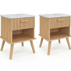 IDMarket Lot de 2 tables de chevet JULIETTE plateau effet marbre 1 tiroir avec niche lattes tasseau bois* Tables De Chevet|Collection Design
