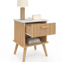 IDMarket Lot de 2 tables de chevet JULIETTE plateau effet marbre 1 tiroir avec niche lattes tasseau bois* Tables De Chevet|Collection Design