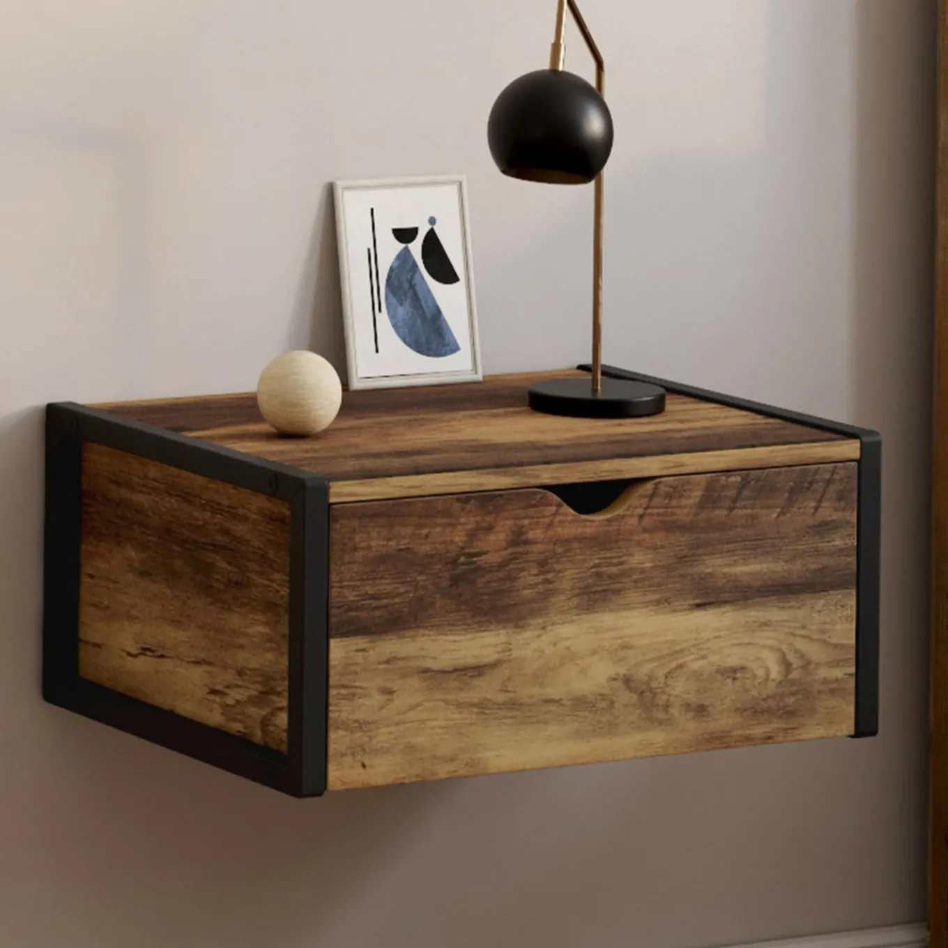 IDMarket Lot de 2 tables de chevet suspendues bois foncé et noir style industriel* Chambre Complète Adulte|Tables De Chevet