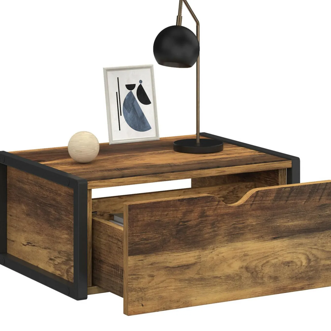 IDMarket Lot de 2 tables de chevet suspendues bois foncé et noir style industriel* Chambre Complète Adulte|Tables De Chevet