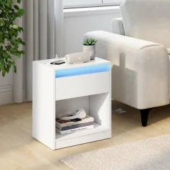 IDMarket Lot de 2 tables de chevet à LED avec station de recharge 1 tiroir et niche* Meubles Bas|Meubles Blancs