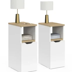 IDMarket Lot de 2 tables de chevet bois et blanc 1 porte avec niche* Tables De Chevet|Chambre Complète Adulte