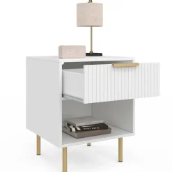 IDMarket Lot de 2 tables de chevet bois blanc avec 1 tiroir lattes tasseau, une niche et pieds doré* Tables De Chevet
