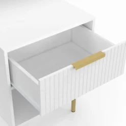 IDMarket Lot de 2 tables de chevet bois blanc avec 1 tiroir lattes tasseau, une niche et pieds doré* Tables De Chevet