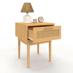IDMarket lot de 2 tables de chevet en bois cannage effet naturel avec 1 tiroir* Collection Cannage|Chambre Complète Adulte