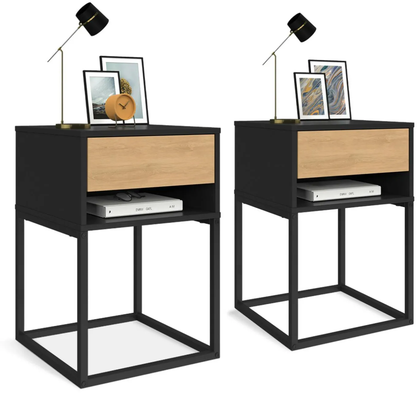 IDMarket Lot de 2 tables de chevet 1 tiroir façon hêtre et 1 niche noire* Collection Moderne|Chambre Complète Adulte
