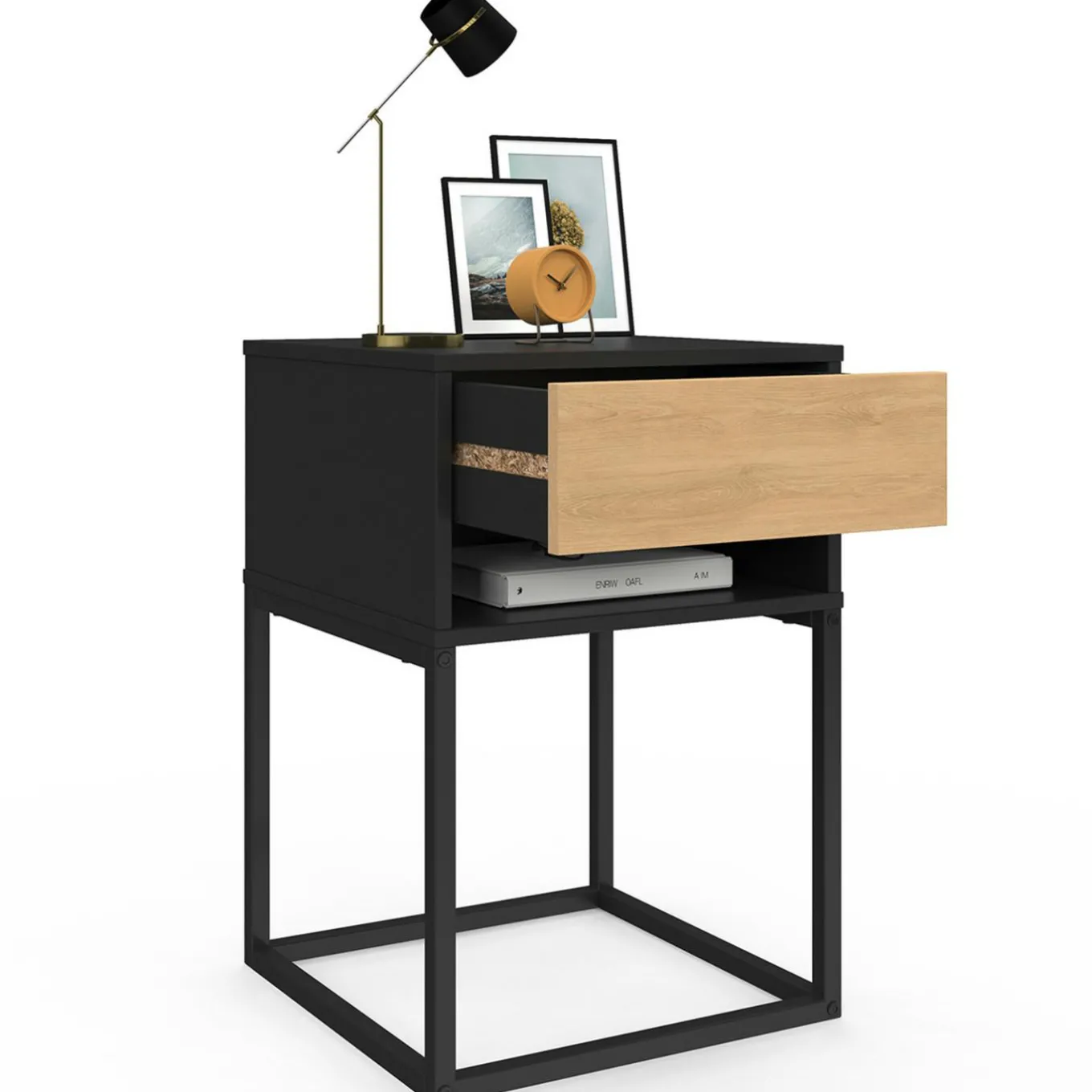 IDMarket Lot de 2 tables de chevet 1 tiroir façon hêtre et 1 niche noire* Collection Moderne|Chambre Complète Adulte