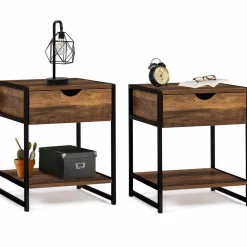 IDMarket Lot de 2 tables de chevet métal et bois foncé* Meubles Bas|Meubles En Bois