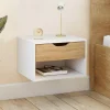 IDMarket Lot de 2 tables de chevet suspendues 1 tiroir avec niche en bois façon hêtre et blanc* Tables De Chevet|Chambre Complète Adulte