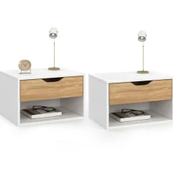 IDMarket Lot de 2 tables de chevet suspendues 1 tiroir avec niche en bois façon hêtre et blanc* Tables De Chevet|Chambre Complète Adulte