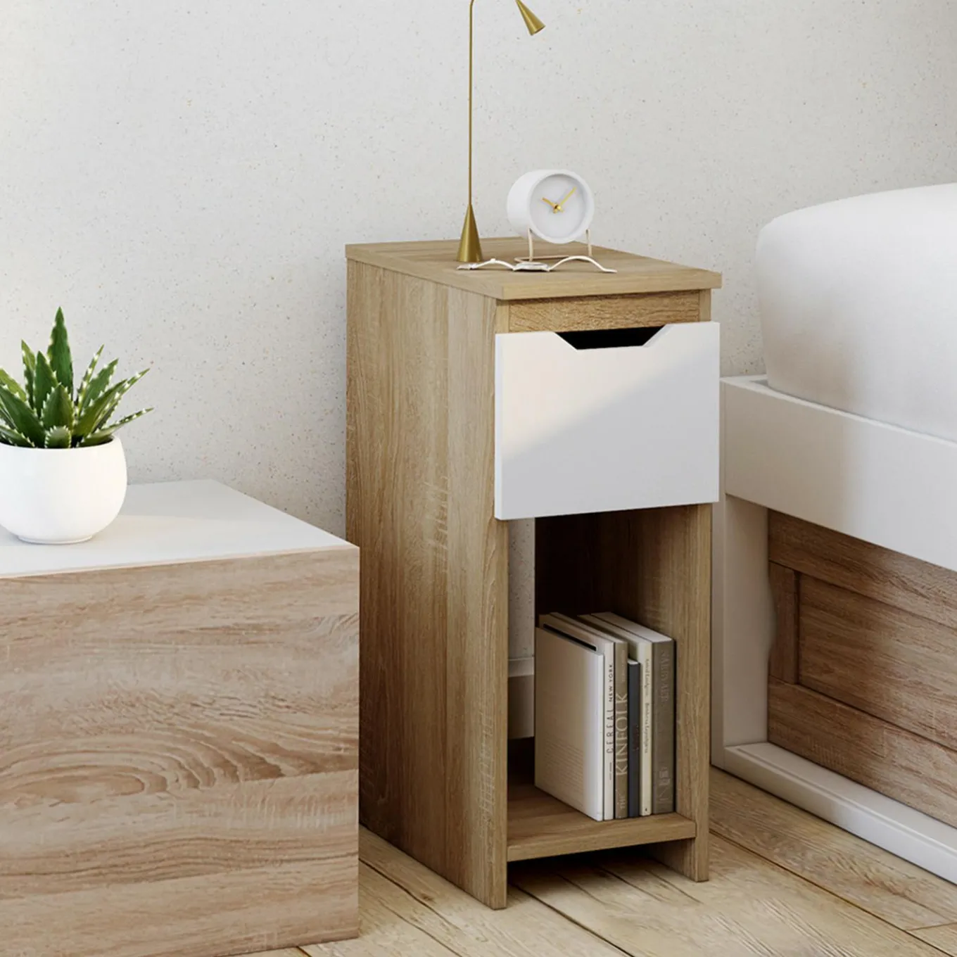 IDMarket Lot de 2 tables de chevet 1 tiroir avec niche bois façon hêtre et blanc* Collection Contemporaine|Tables De Chevet