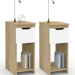 IDMarket Lot de 2 tables de chevet 1 tiroir avec niche bois façon hêtre et blanc* Collection Contemporaine|Tables De Chevet