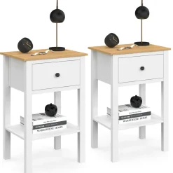 IDMarket Lot de 2 tables de chevet 1 tiroir et 1 tablette blanc et plateau bois* Tables De Chevet|Chambre Complète Adulte