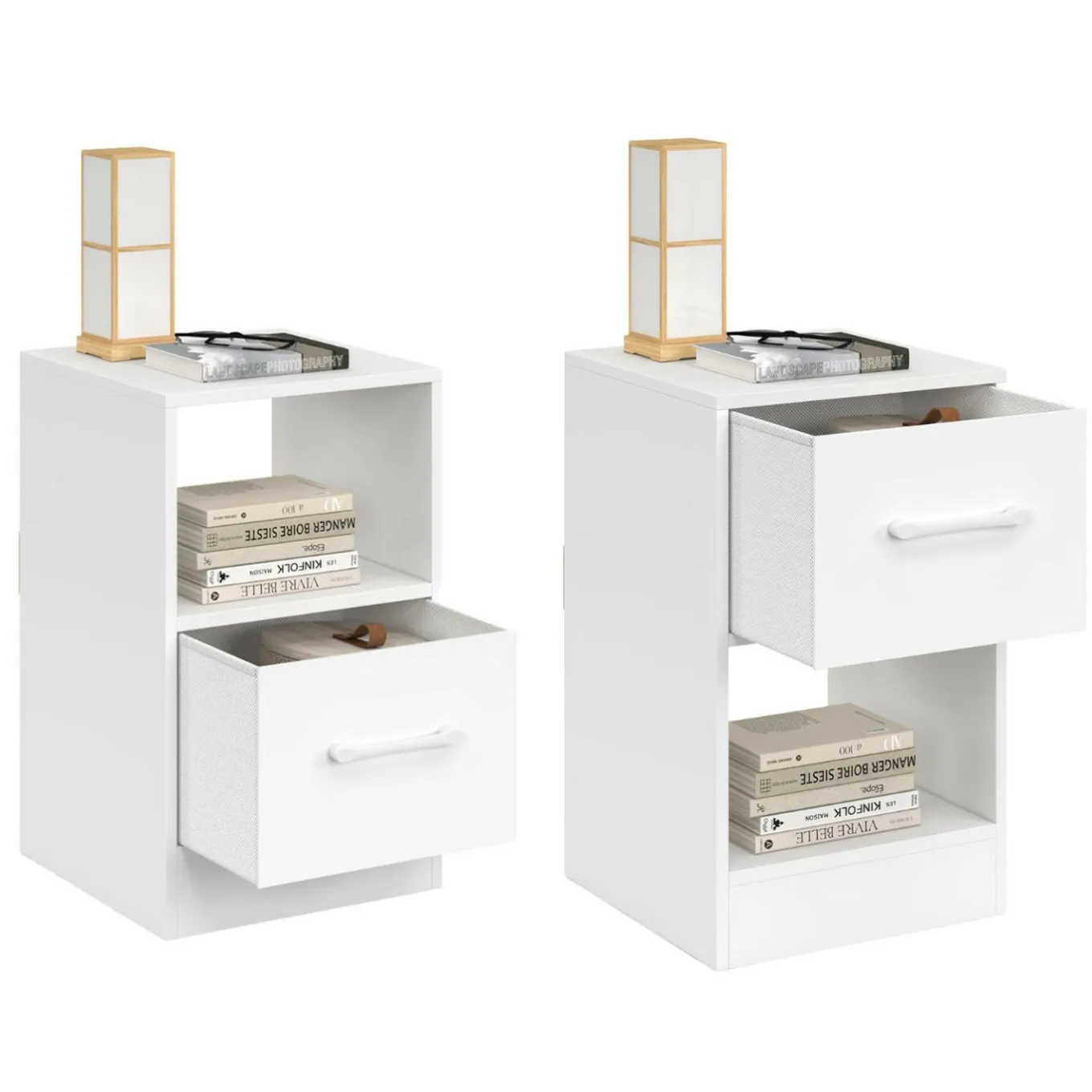 IDMarket Lot de 2 tables de chevet 1 tiroir en tissu avec niche bois blanc* Meubles Tiroirs|Meubles Bas