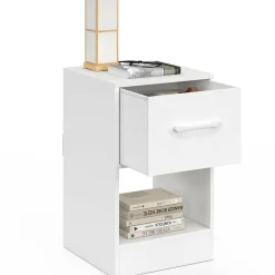 IDMarket Lot de 2 tables de chevet 1 tiroir en tissu avec niche bois blanc* Meubles Tiroirs|Meubles Bas