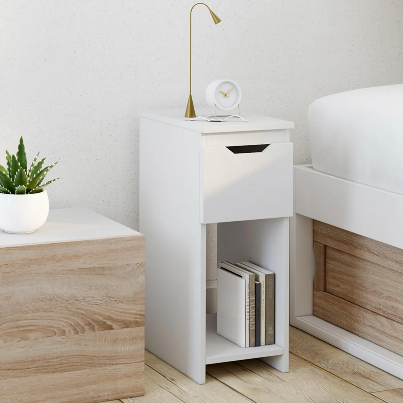 IDMarket Lot de 2 tables de chevet 1 tiroir avec niche blanc* Collection Contemporaine|Tables De Chevet