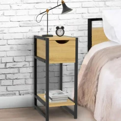 IDMarket Lot de 2 tables de chevet gain de place bois et métal noir 1 tiroir 1 tablette style industriel* Chambre Complète Adulte|Tables De Chevet