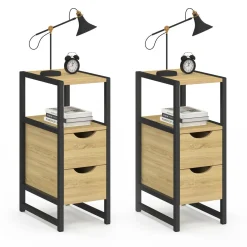 IDMarket Lot de 2 tables de chevet bois et métal noir 2 tiroirs 1 niche style industriel* Petits Meubles|Chambre Complète Adulte