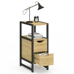 IDMarket Lot de 2 tables de chevet bois et métal noir 2 tiroirs 1 niche style industriel* Petits Meubles|Chambre Complète Adulte