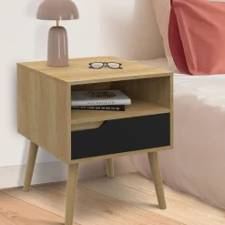 IDMarket Lot de 2 tables de chevet scandinaves avec tiroir bois effet hêtre et noir* Meubles En Bois|Collection Scandinave