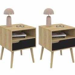 IDMarket Lot de 2 tables de chevet scandinaves avec tiroir bois effet hêtre et noir* Meubles En Bois|Collection Scandinave