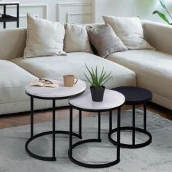 IDMarket Lot de 3 tables gigognes rondes effet marbre et bois noir 35/40/45 cm* Collection Moderne|Petits Meubles