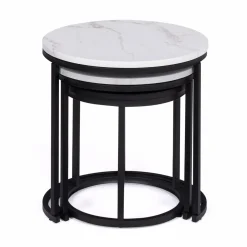 IDMarket Lot de 3 tables gigognes rondes effet marbre et bois noir 35/40/45 cm* Collection Moderne|Petits Meubles