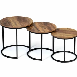 IDMarket Lot de 3 tables gigognes rondes style industriel bois foncé* Collection Industrielle|Salon Complet