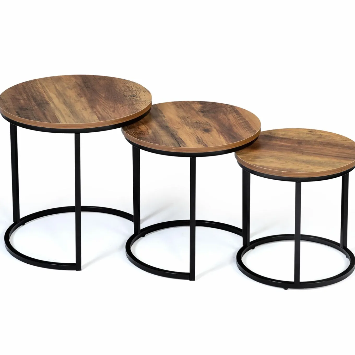 IDMarket Lot de 3 tables gigognes rondes style industriel bois foncé* Collection Industrielle|Salon Complet