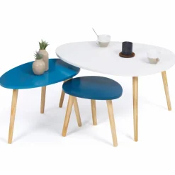 IDMarket Lot de 3 tables gigognes scandinaves laquées blanc et bleu* Collection Scandinave|Salon Complet
