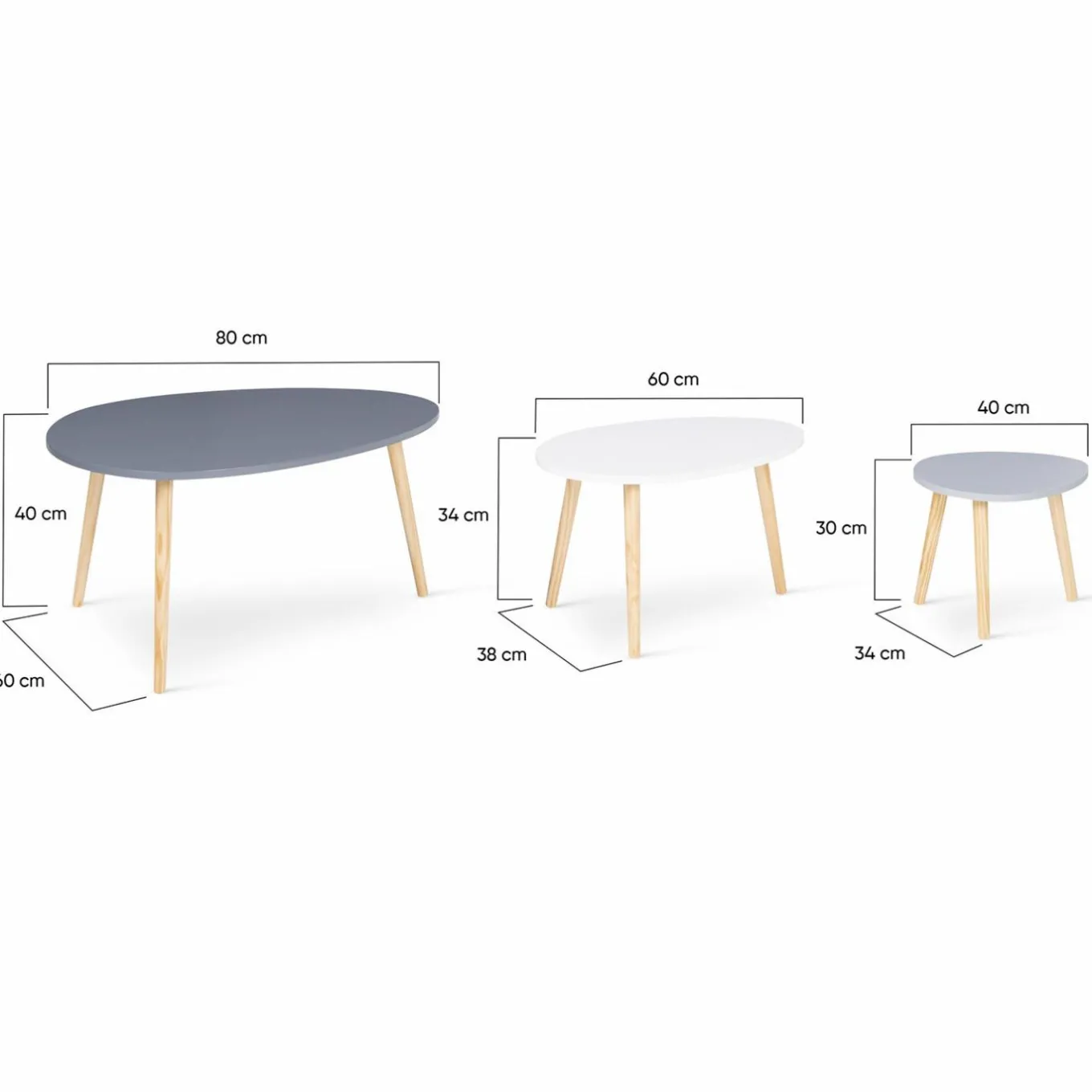 IDMarket Lot de 3 tables gigognes scandinaves laquées blanche, gris clair et gris foncé* Collection Scandinave|Tables Basses