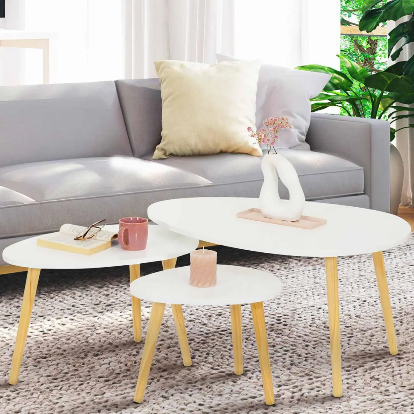 IDMarket Lot de 3 tables gigognes scandinaves laquées blanc* Collection Scandinave|Salon Complet