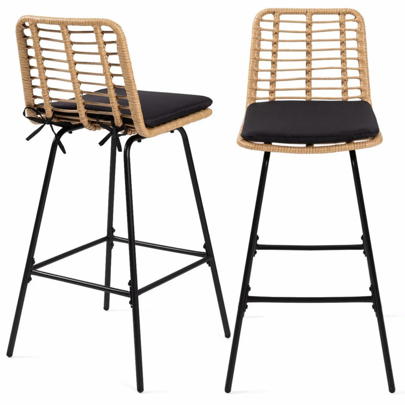IDMarket Lot de 2 tabourets de bar effet rotin pied métal noir* Collection Cannage|Collection Vintage