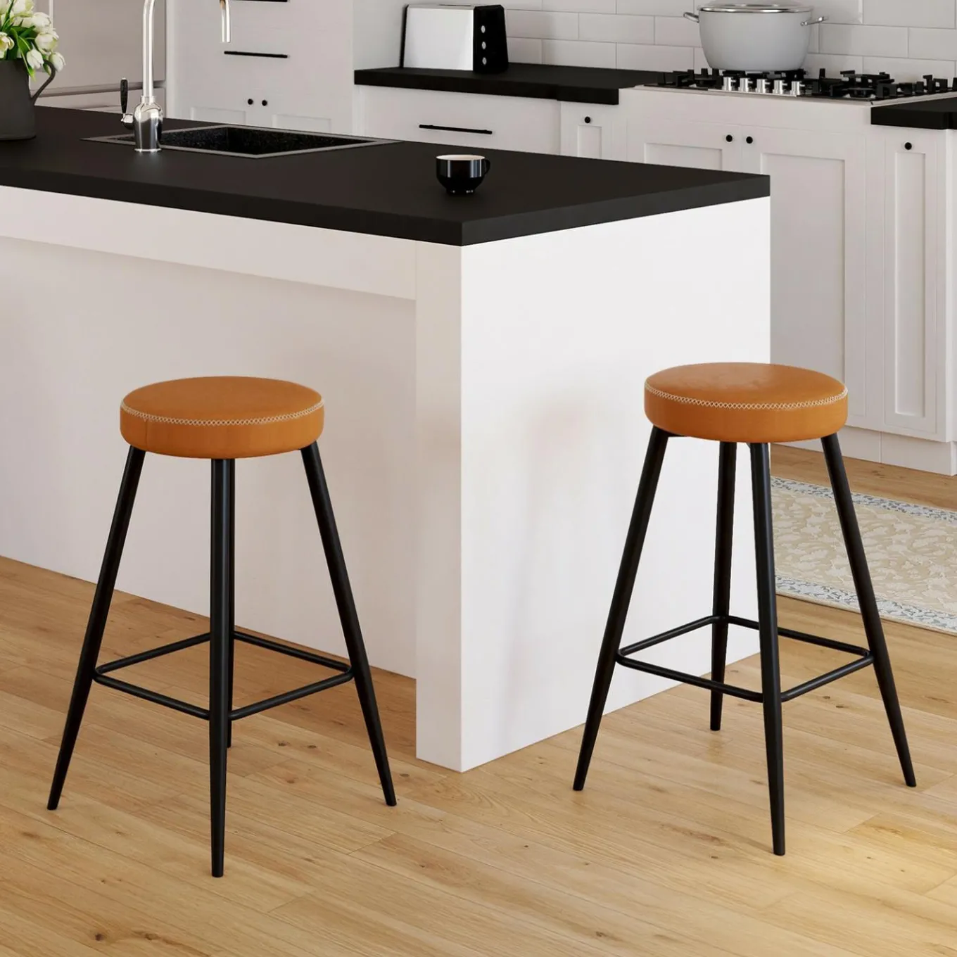 IDMarket Lot de 2 tabourets de bar effet cuir marron et pieds métal* Collection Vintage|Cuisine Complète