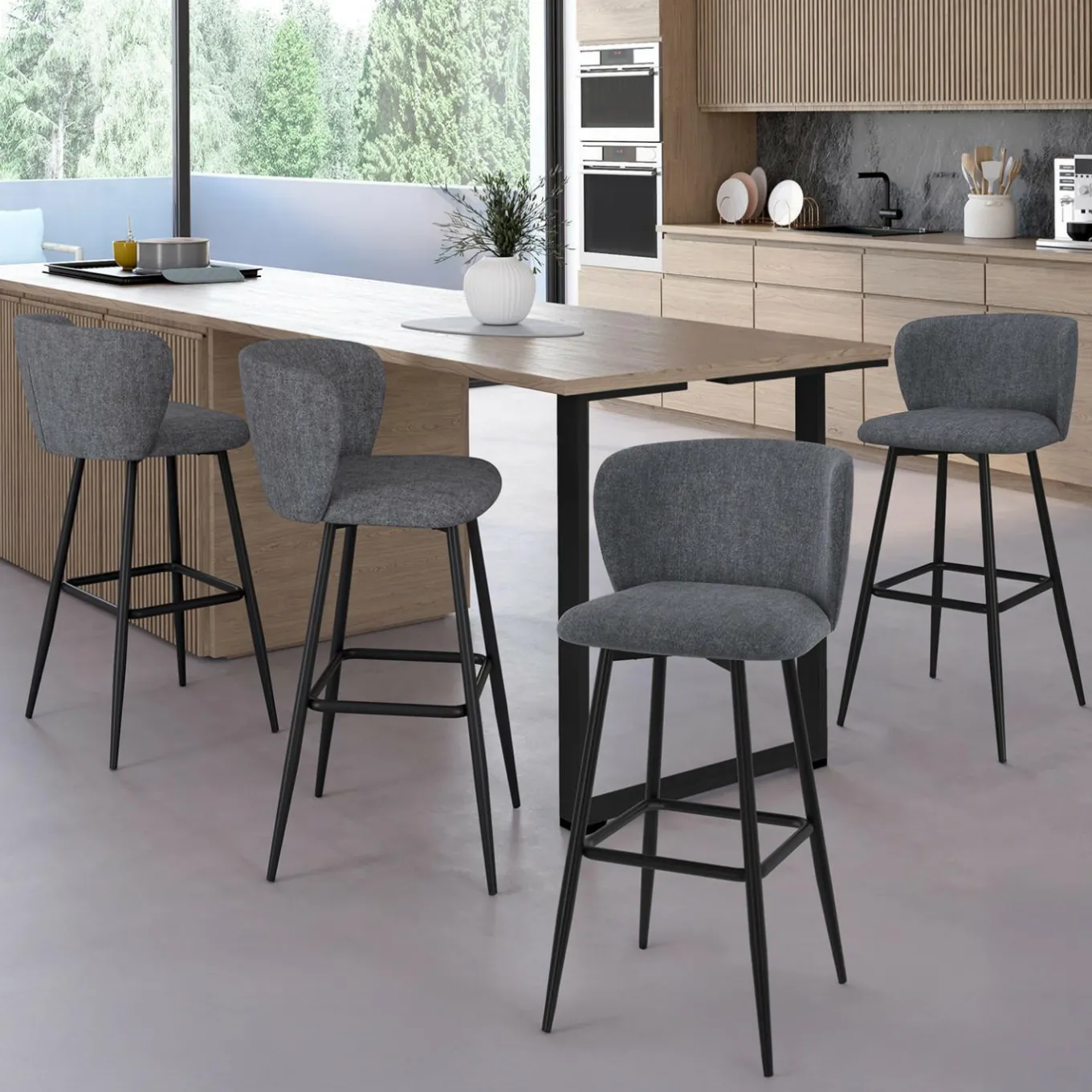 IDMarket Lot de 4 tabourets de bar assise en tissu gris foncé et pieds en métal noir* Collection Contemporaine|Tabourets De Bar