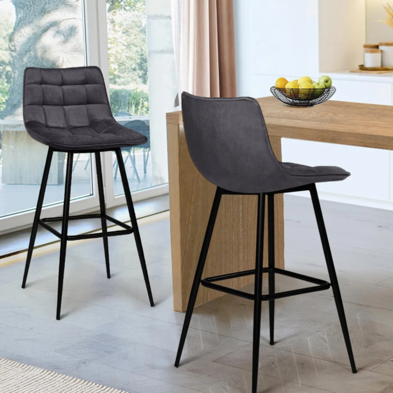 IDMarket Lot de 2 tabourets de bar en velours gris foncé* Collection Vintage|Collection Moderne