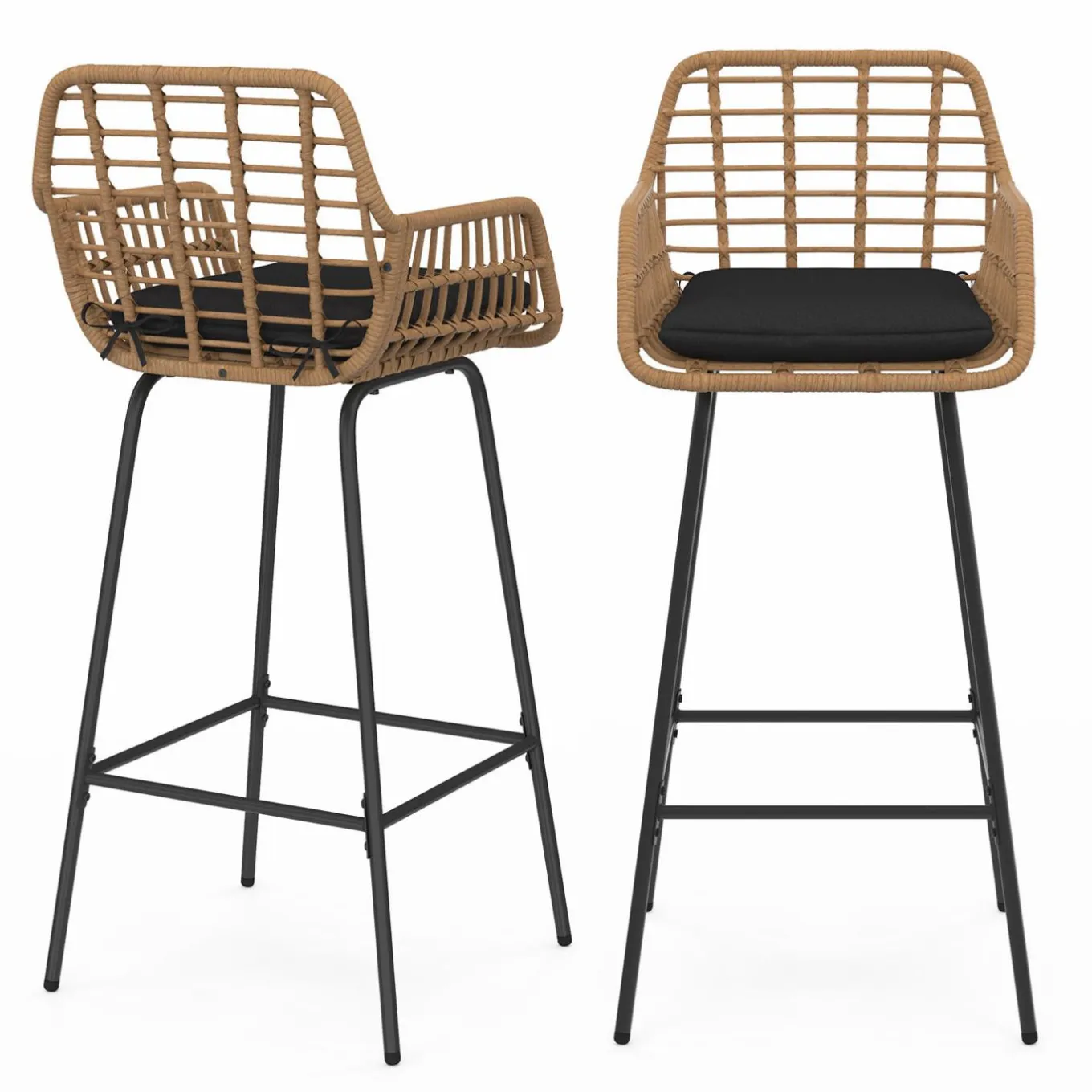 IDMarket Lot de 2 tabourets de bar avec accoudoirs effet rotin beige pieds métal noir* Collection Cannage|Collection Vintage
