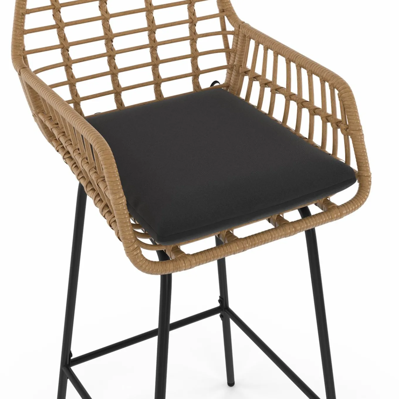 IDMarket Lot de 2 tabourets de bar avec accoudoirs effet rotin beige pieds métal noir* Collection Cannage|Collection Vintage