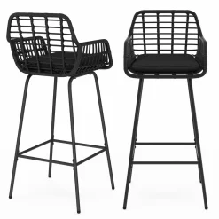 IDMarket Lot de 2 tabourets de bar avec accoudoirs noir effet rotin pieds métal noir* Collection Cannage|Collection Vintage