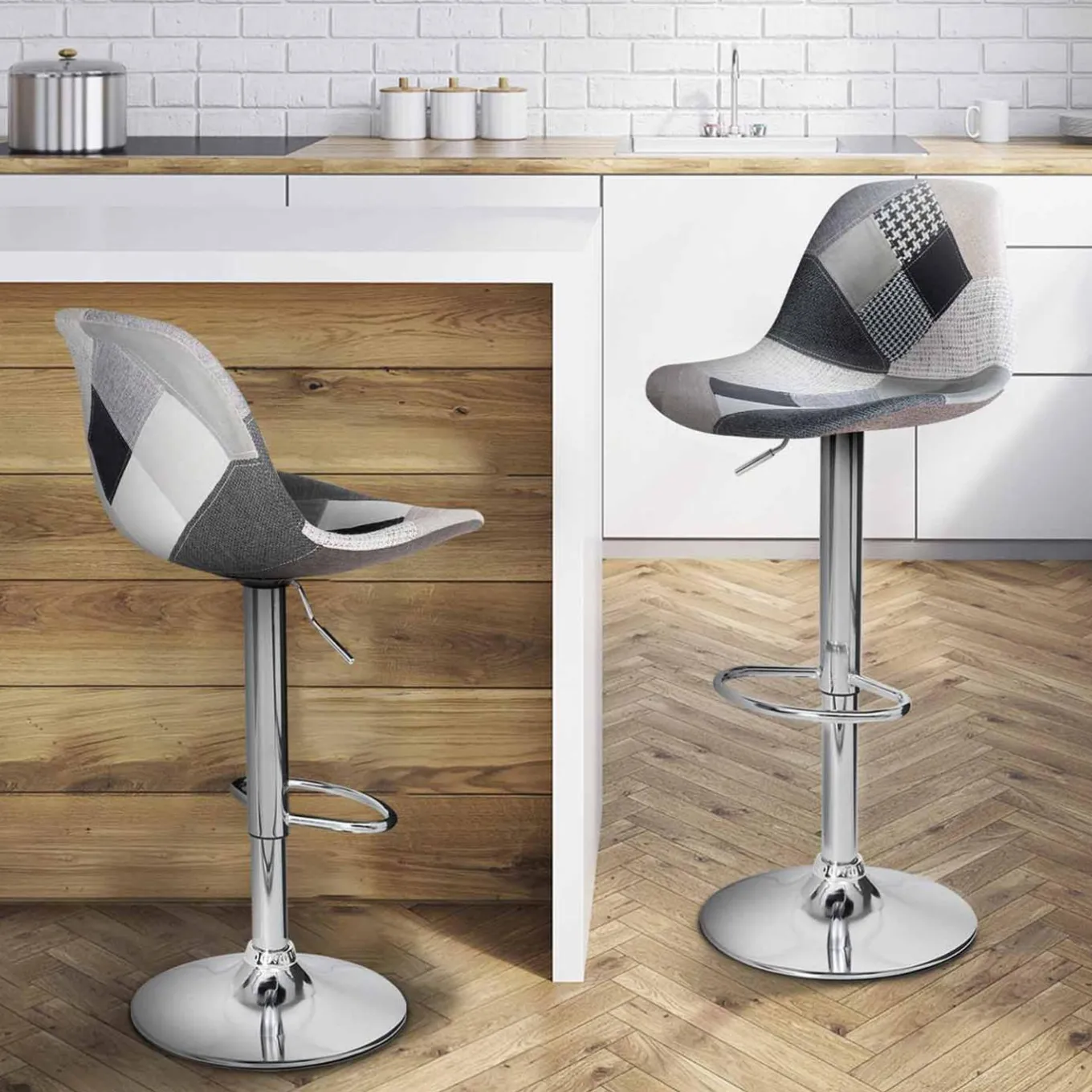 IDMarket Lot de 2 tabourets de bar design pied chromé assise patchwork noir, gris et blanc* Collection Contemporaine|Tabourets De Bar