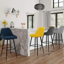 IDMarket Lot de 4 tabourets de bar en velours mix color : bleu, gris et jaune* Collection Vintage|Tabourets De Bar