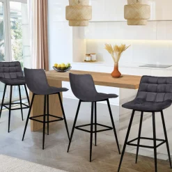 IDMarket Lot de 4 tabourets en velours gris matelassé* Collection Vintage|Collection Moderne